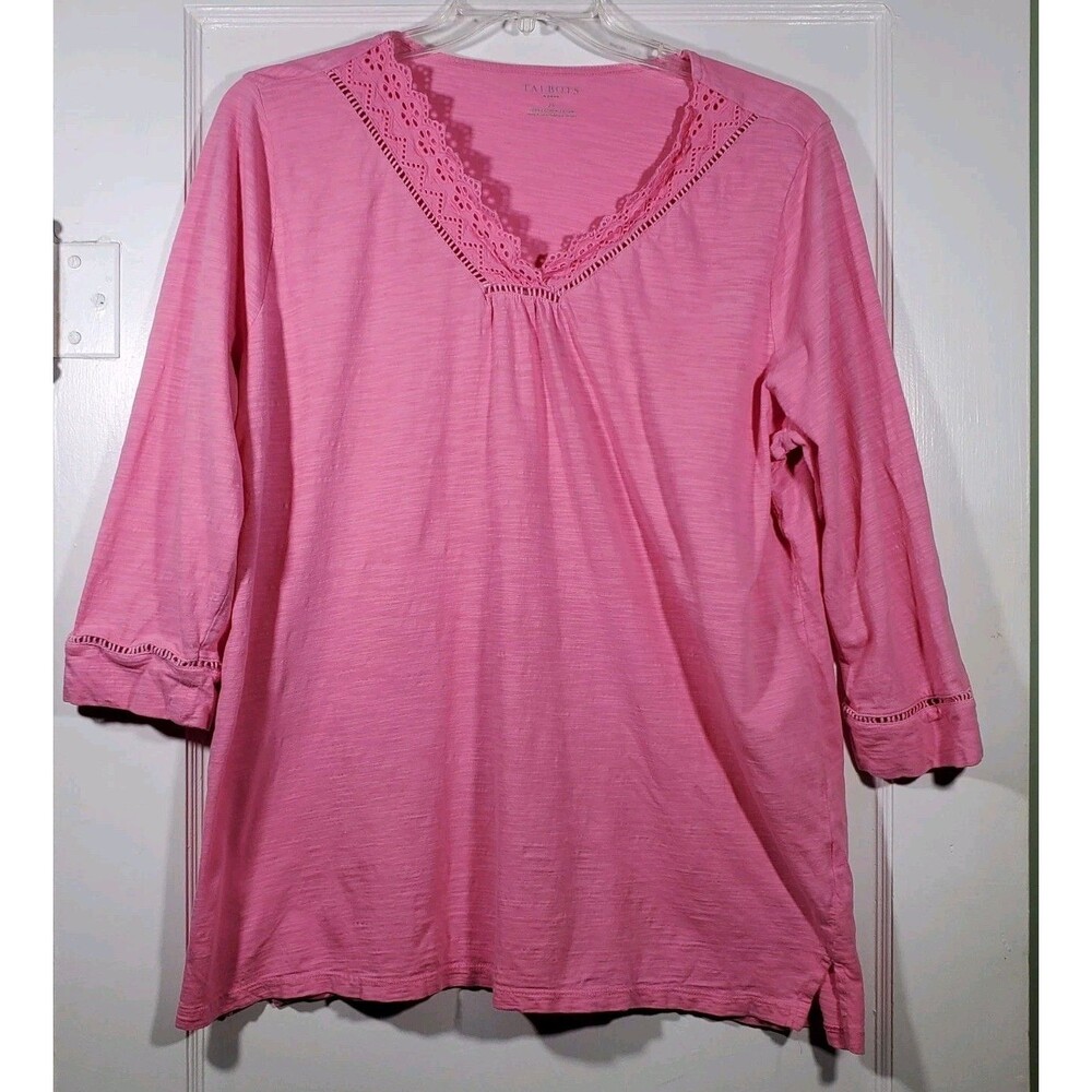 Talbots Pink Cotton Eyelet Lace Trim V-Neck Boho Tunic Top 2X EUC